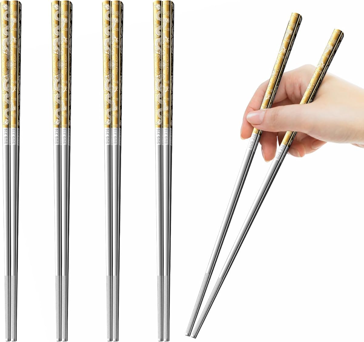 A · HOUSEWARE 5 Pairs Gold Dragon Chopsticks Set Stainless Steel 316 Gold Plated Reusable Kitchen Dinning Eating Utensils Modern Chop Sticks Dishwasher Safe and Luxury Tableware Gift