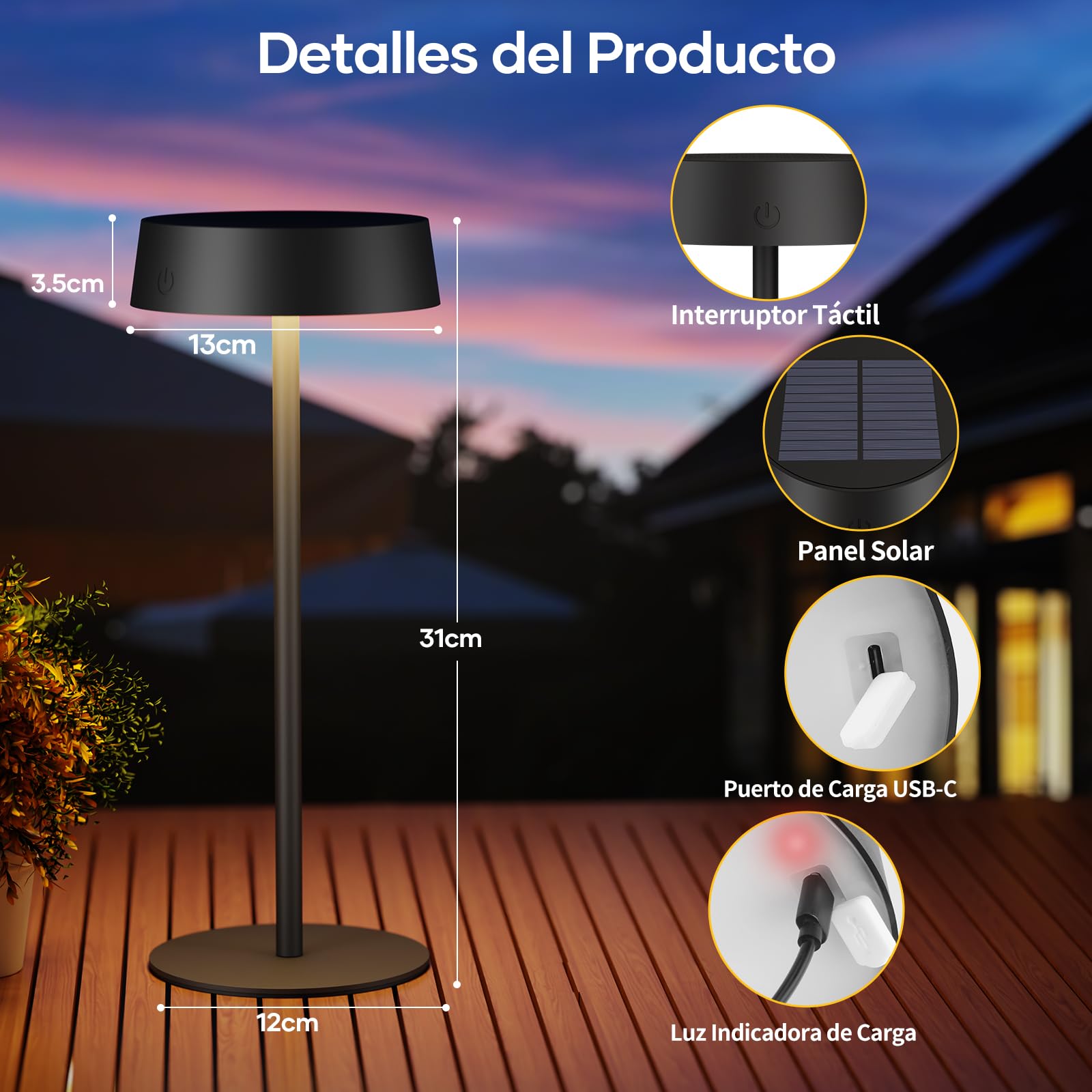 Suright Lámpara de Mesa Solar Sin Cable, Lámpara de Noche Recargable con Energía Solar y USB-C, 3 Modos de Color, Brillo Ajustable, IP65 Resistente al Agua para Uso en Interiores y Exteriores