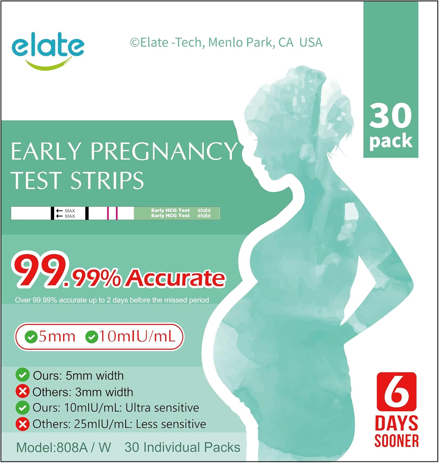 Elate HCG Pregnancy Test Strips 30 Count - 99.99% Accurate, 10mIU/mL, Early Detection 6-Days Before Missed Period, Bulk EPT, Easy Home Use, 5mm Dip