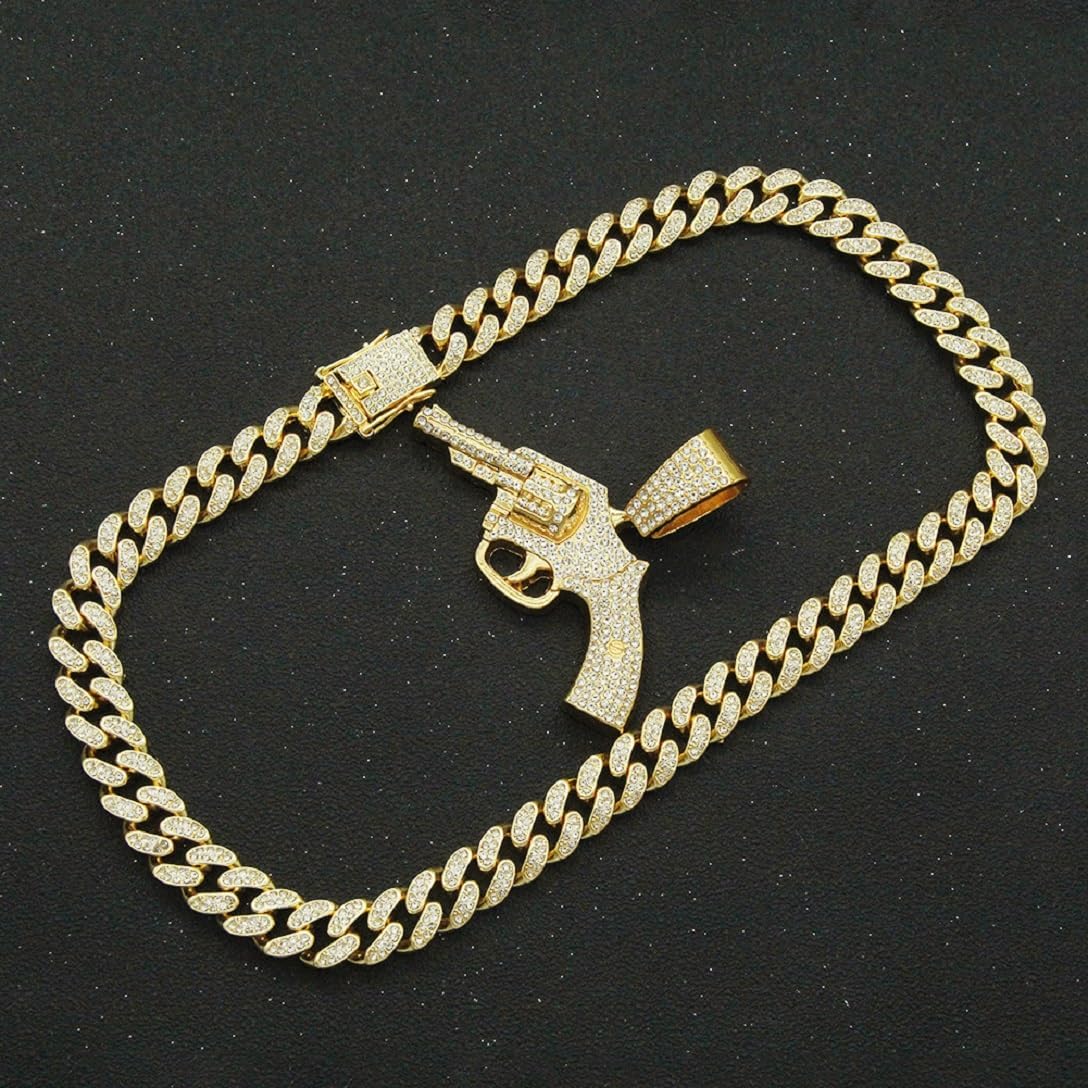 Gun Pendant for Men Hip Hop Cuban Necklace, Sparkly Pistol Cuban Link Chain Iced Out Jewelry, Gold Revolver Cool Men's Necklace - Image 5