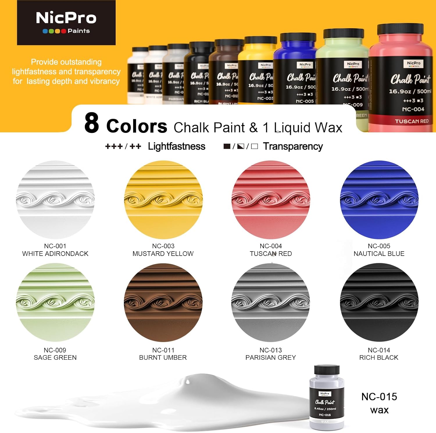 Nicpro 8 Colors 16.9 fl oz Chalk Paint for Furniture & All-in-One White Chalk Paint 8.45 fl oz