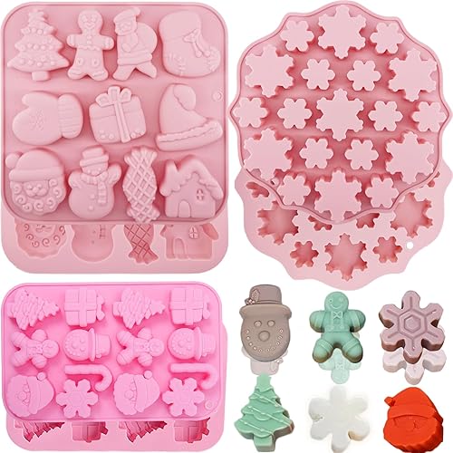Paquete de 3 moldes de silicona de Navidad, 44 cavidades con copos de nieve, muñeco de nieve, pan de jengibre, chocolate, árbol de Navidad, moldes