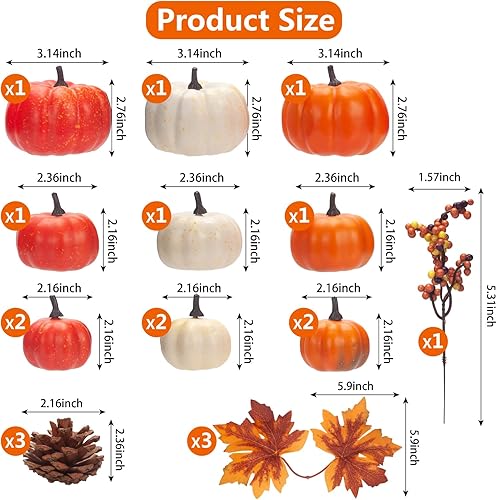 Miniatura 3 de Juego de decoración de calabaza, 22 piezas de decoración de cosecha de otoño, calabazas artificiales naranjas, piñas, bayas, hojas de arce para