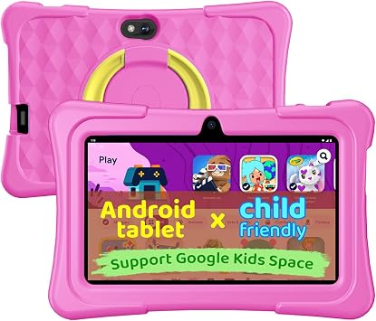aiprotablet Kids Tablet, 7 inch Android Tablet for Kids, 6GB+32GB 1TB Expand, Quad-Core Toddler Tablets with Case, BT, WiFi, Parental Control, Games, Dual Camera Pink