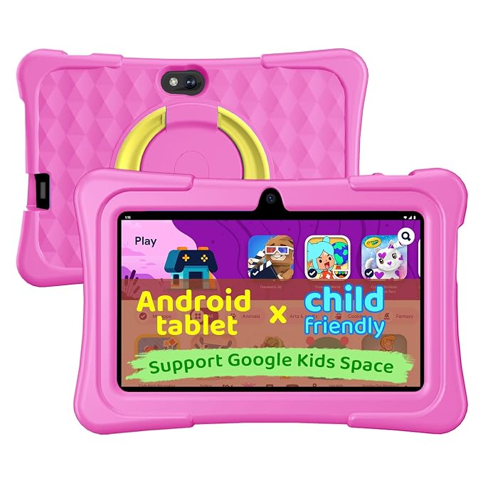 Kids Tablet, 7 Inch Android 15 Tablet for Kids, 8GB+32GB 1TB Expanding, Quad Core Toddler Tablets with Shockproof Case, BT5.0, WiFi 5, Parental Controls, Games, Dual Camera (Pink)