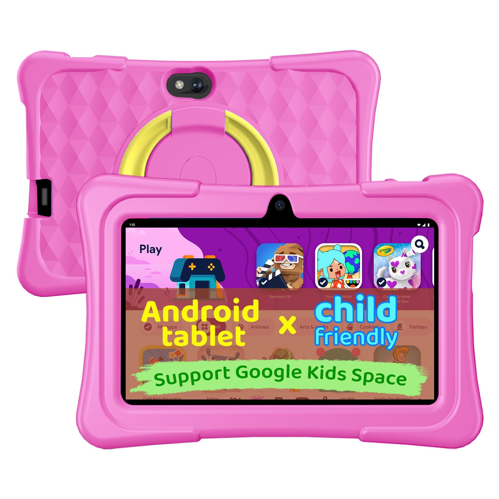 aiprotablet Kids Tablet, 7 inch Android Tablet for Kids, 6GB+32GB 1TB Expand, Quad-Core Tablets with Case, BT, WiFi, Parental Control, Games, Dual Camera (Pink)