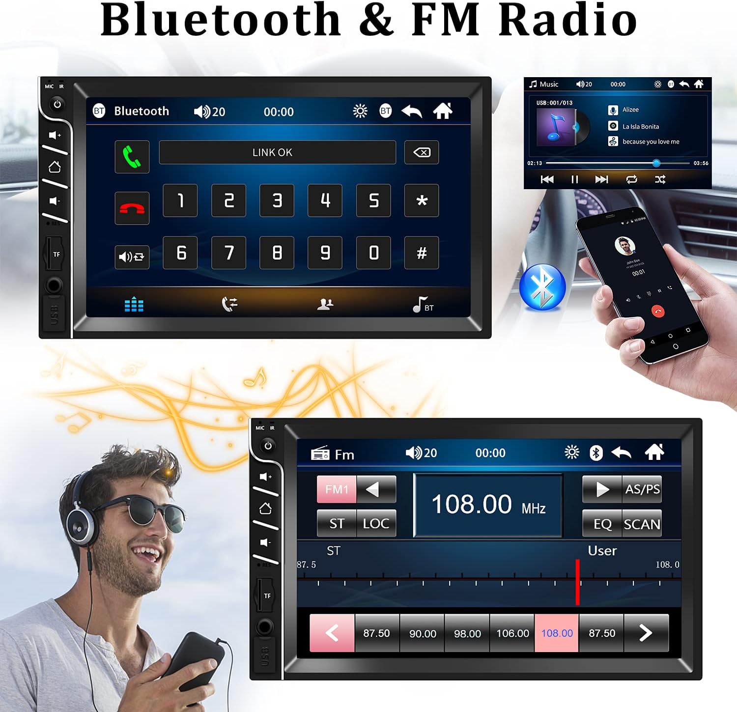 Diagram showing the dimensions of the car stereo unit and its rear panel with various input and output ports.