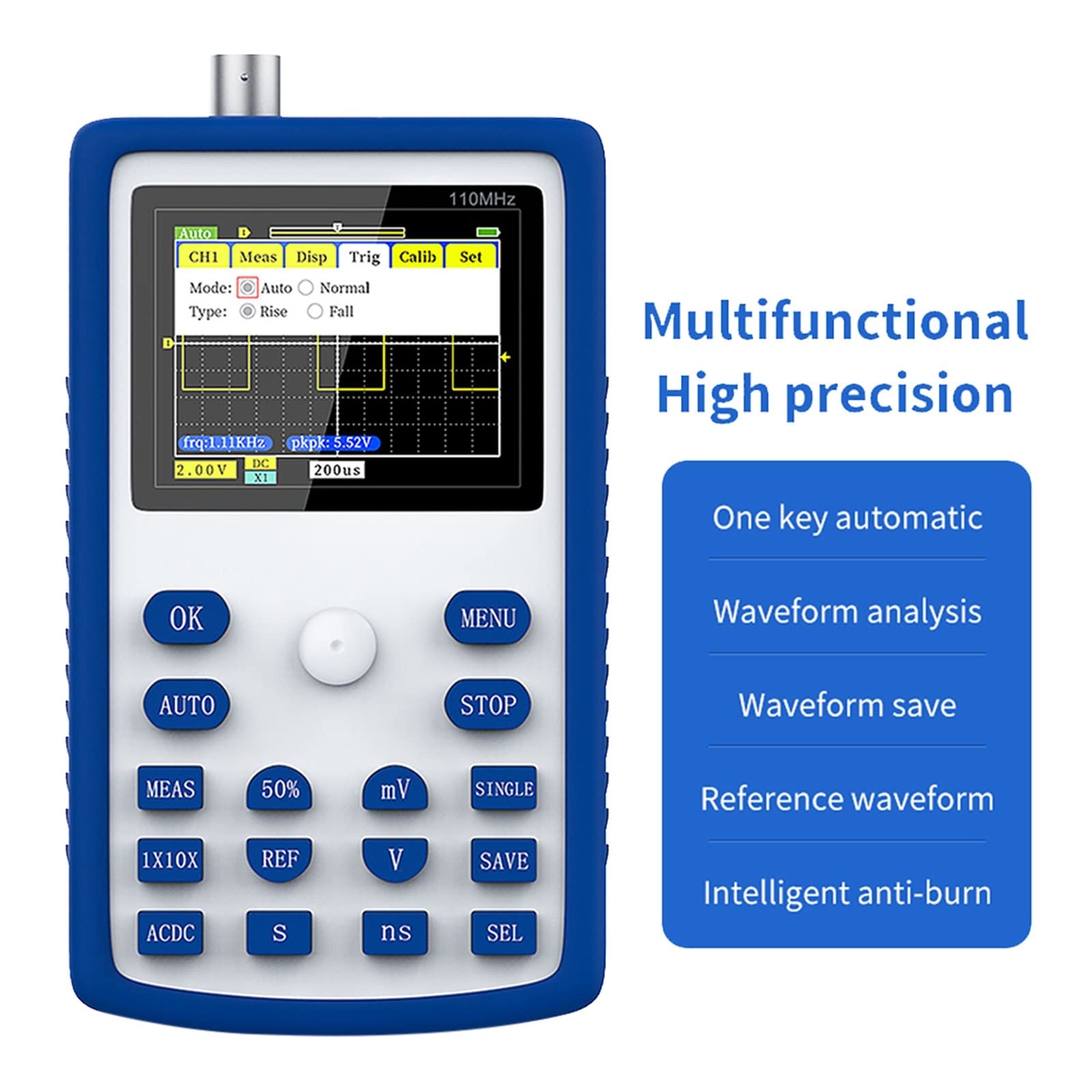 Generador de señal Actual Osciloscopio Digital de Mano 500 MS/s Tasa de muestreo 110 MHz Ancho de Banda analógico Almacenamiento de Forma de Onda Pantalla de 2,4 Pulgadas