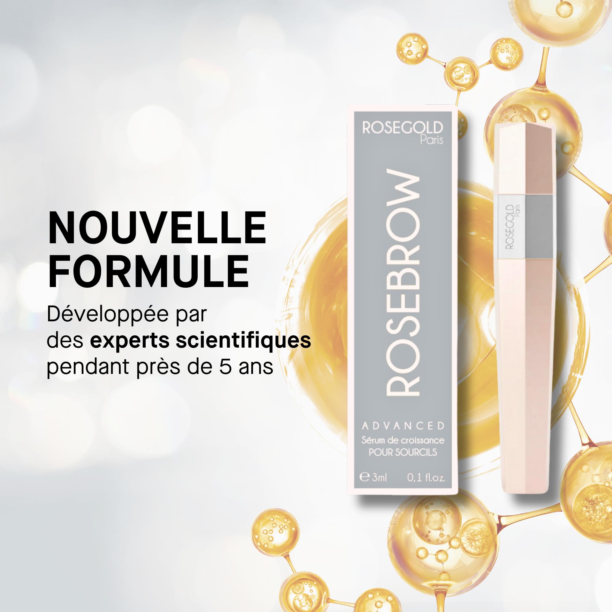 ROSEBROW Advanced Sérum de Croissance pour Sourcils Naturel par ROSEGOLD, Serum Sourcils Pousse + Fournis + Longs + Épais, Fabriqué en France, Sans Hormone, Vegan (Cure 1 Mois - 1 x 3 ml)