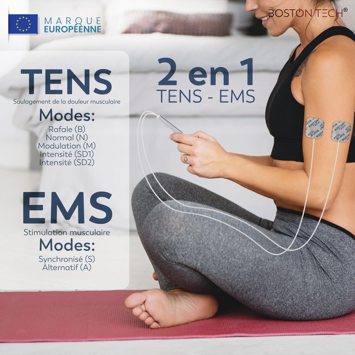 Boston Tech® Électrostimulateur musculaire ME89 PRO | TENS EMS 7 Modes Personnalisables | Soulagement de la Douleur + Stimulation Musculaire | Inclut 4 Électrodes + Batterie 9V + Protection Anti-chute