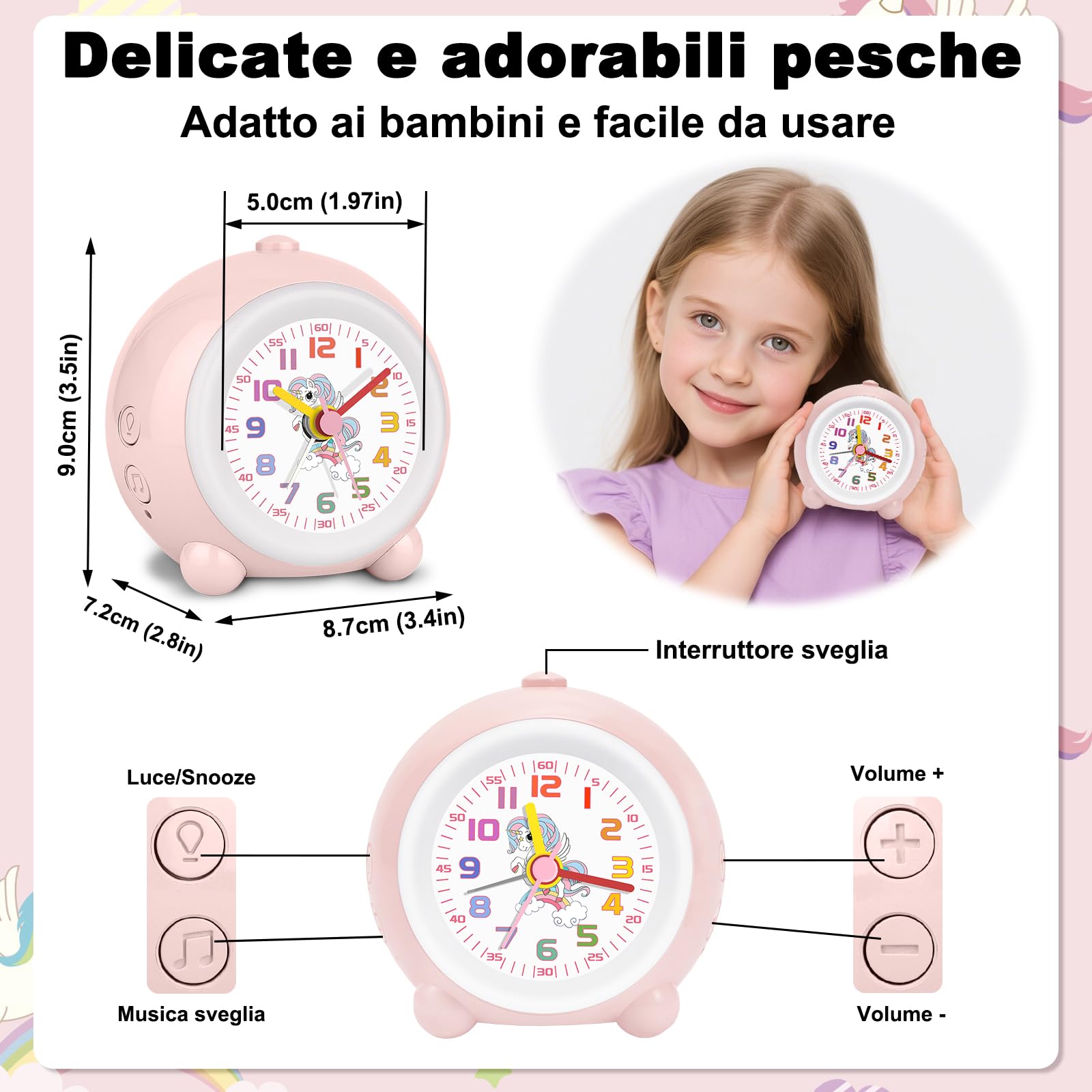 SOCICO Sveglia analogica per bambini ragazze, design unicorno, silenziosa, senza ticchettio, graziosa sveglia analogica pesca, con luce colorata, volume regolabile (rosa pallido)