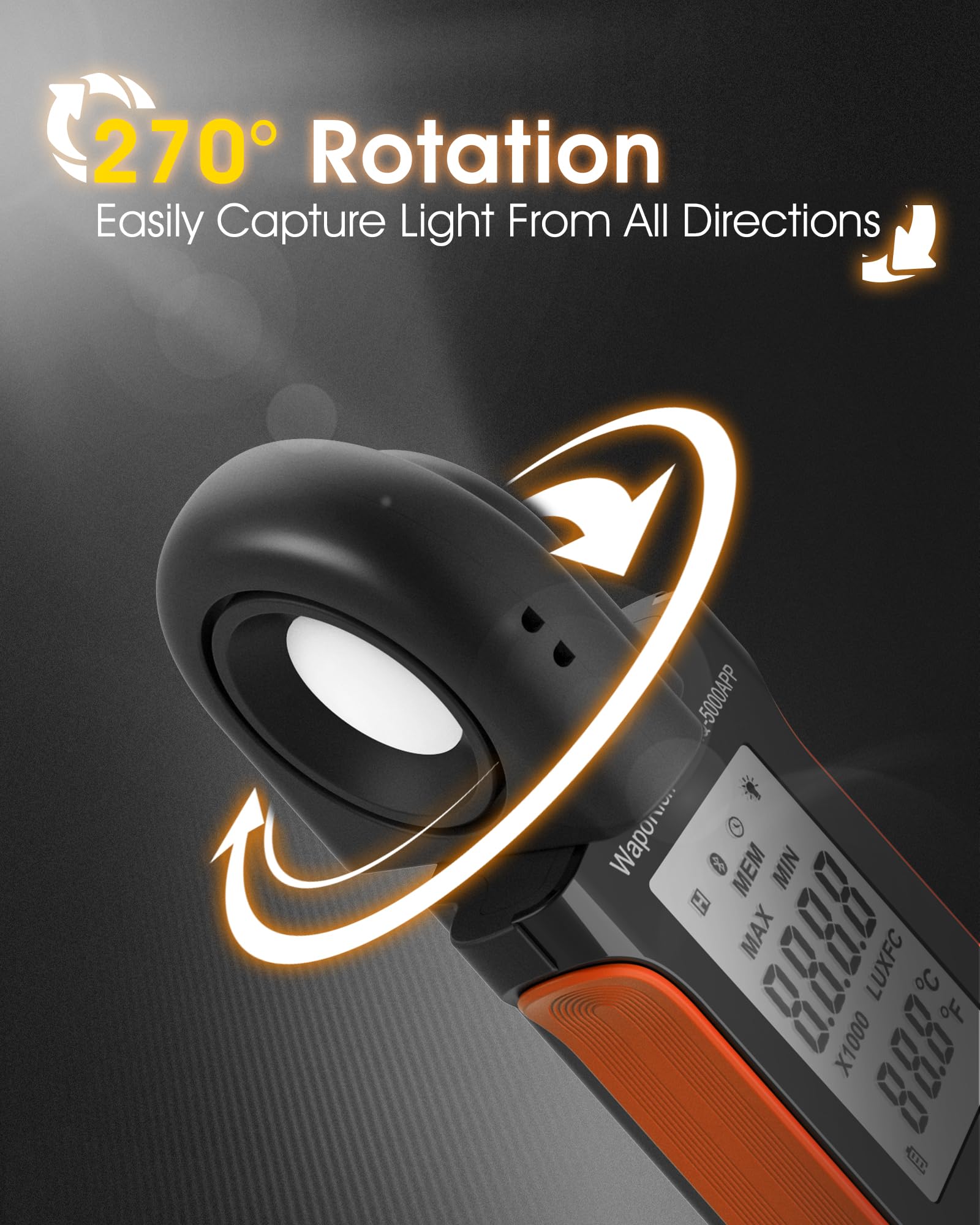 Luxmeter Bluetooth Lichtmessgerät, WapoRich Digital Light Meter Belichtungsmesser Misst 1~400,000Lux/FC mit Umgebungstemperatur Hintergrundbeleuchtung für Fotografie, Pflanzen (RQ-5000APP)
