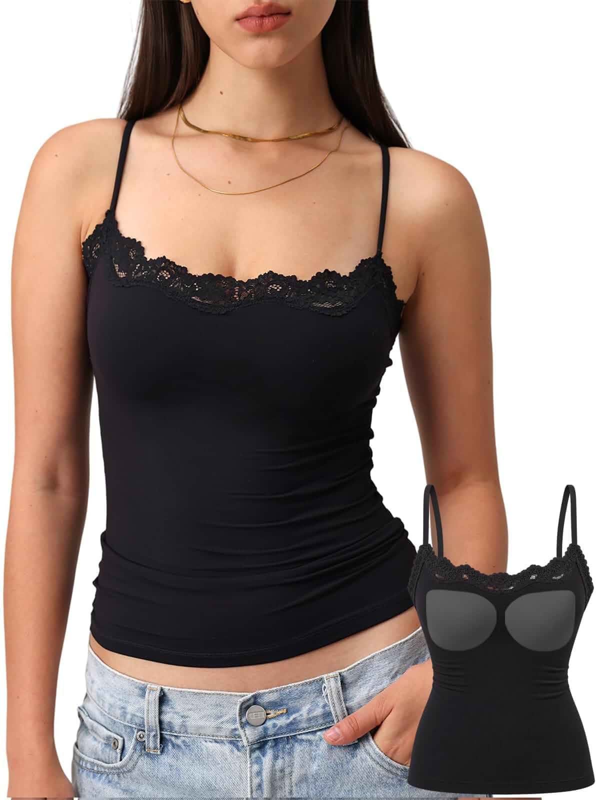 Starrylion Padded Lace Top Double Lined Crop Tank Tops Going Out Cami Shirt Skin-Tone Lining, Removable Pads, Adjustable Straps, Fitted, Backless, Square Neck, Club, Party, Y2K Going Out Tops