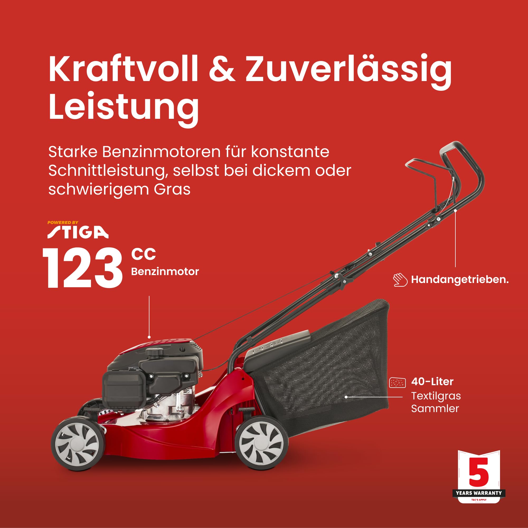 Mountfield HP41 Cortacésped de gasolina, propulsado a mano, 39cm de ancho de corte, 123cc ST120 Autochoke motor de gasolina, hasta 250m², incluye colector de césped de 40L