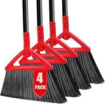 Heavy Duty Broom of Outdoor and Indoor, 4 Packs Upgraded Commercial Angle Brooms, Perfect Red Broom of House,Kitchen, Garage, Courtyard, Concrete