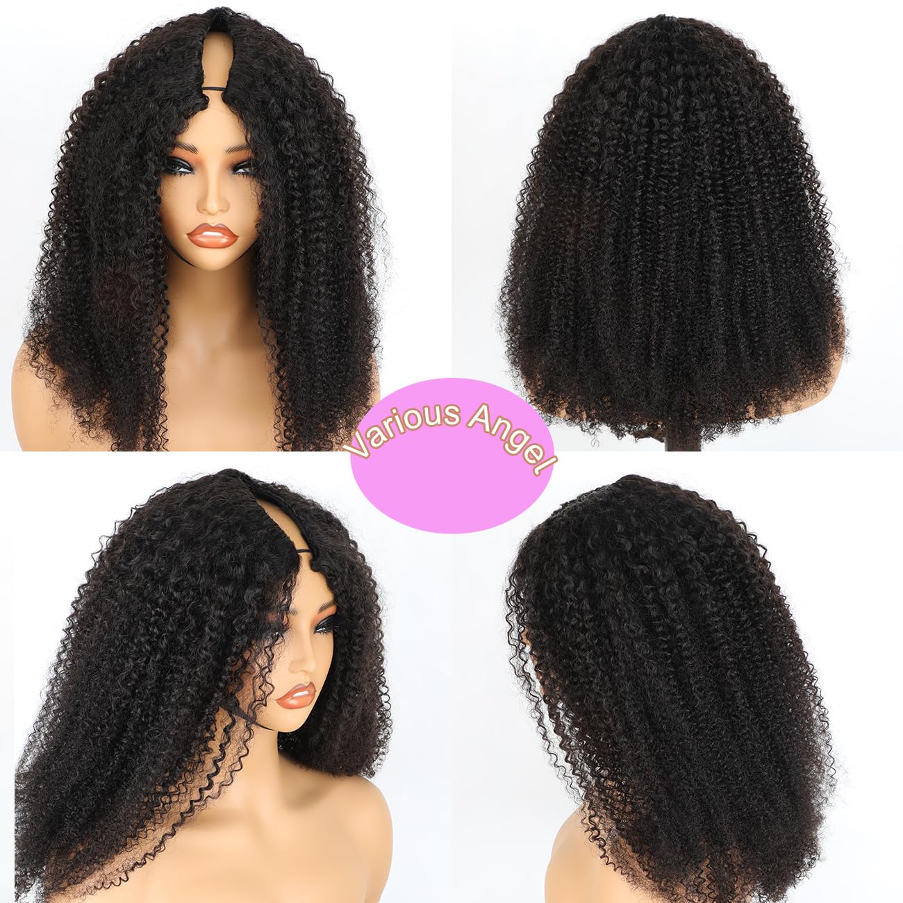 Domiso Afro Kinky Curly V Part Wig Human Hair Pre-Minimum Leave Out Upgraded V Part Wigs with Anti Slip Elastic Band and Removable Clips for Secure 20 Inch