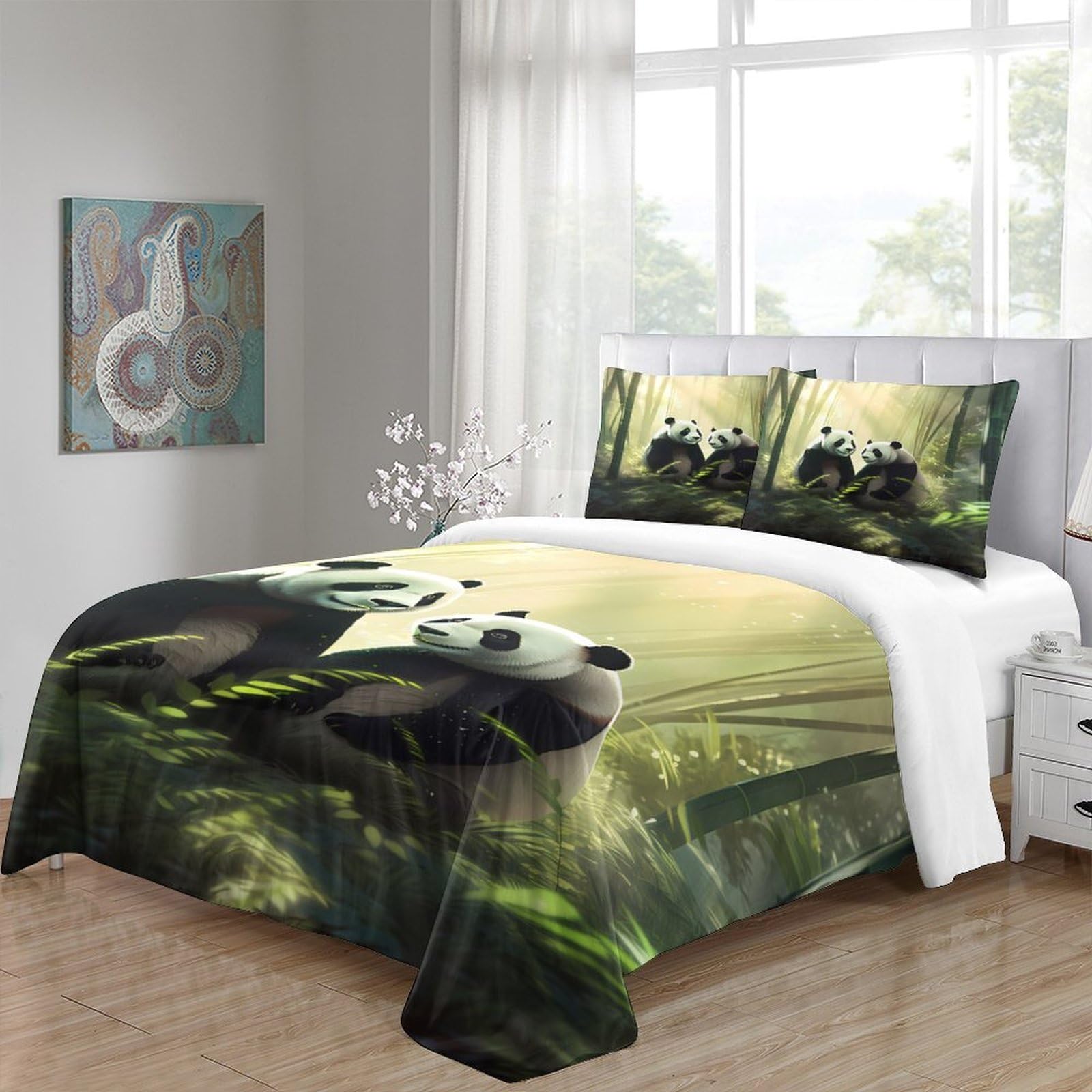 Panda-Pärchen 3D-Druck 3er-Set Steppbezug Waldszene-Kunst Bettdeckenbezug Mikrofaser Reißverschluss Atmungsaktiv für Jungen Kinder Frauen Super King（260x220cm）