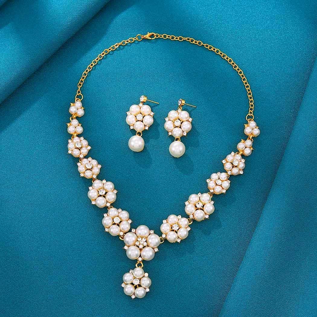 EVILD Pearl Jewelry Sets Gold Flower Necklace and Earring Set for Women - Image 6