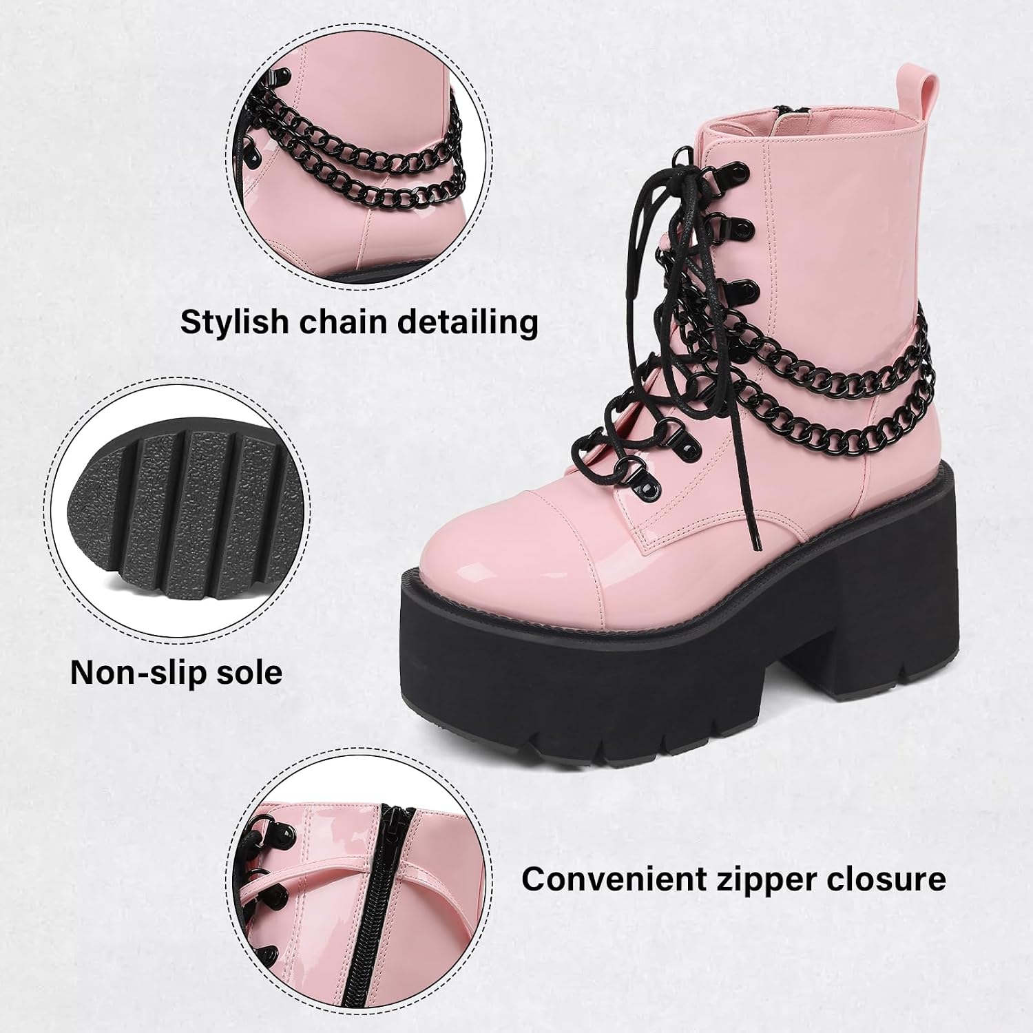 CYNLLIO Platform Ankle Boots for Women Combat Chunky Wedge Heel Boots Rave Goth Lace Up & Zipper Booties Punk Chain Shoes for Festival Concert Cosplay Party