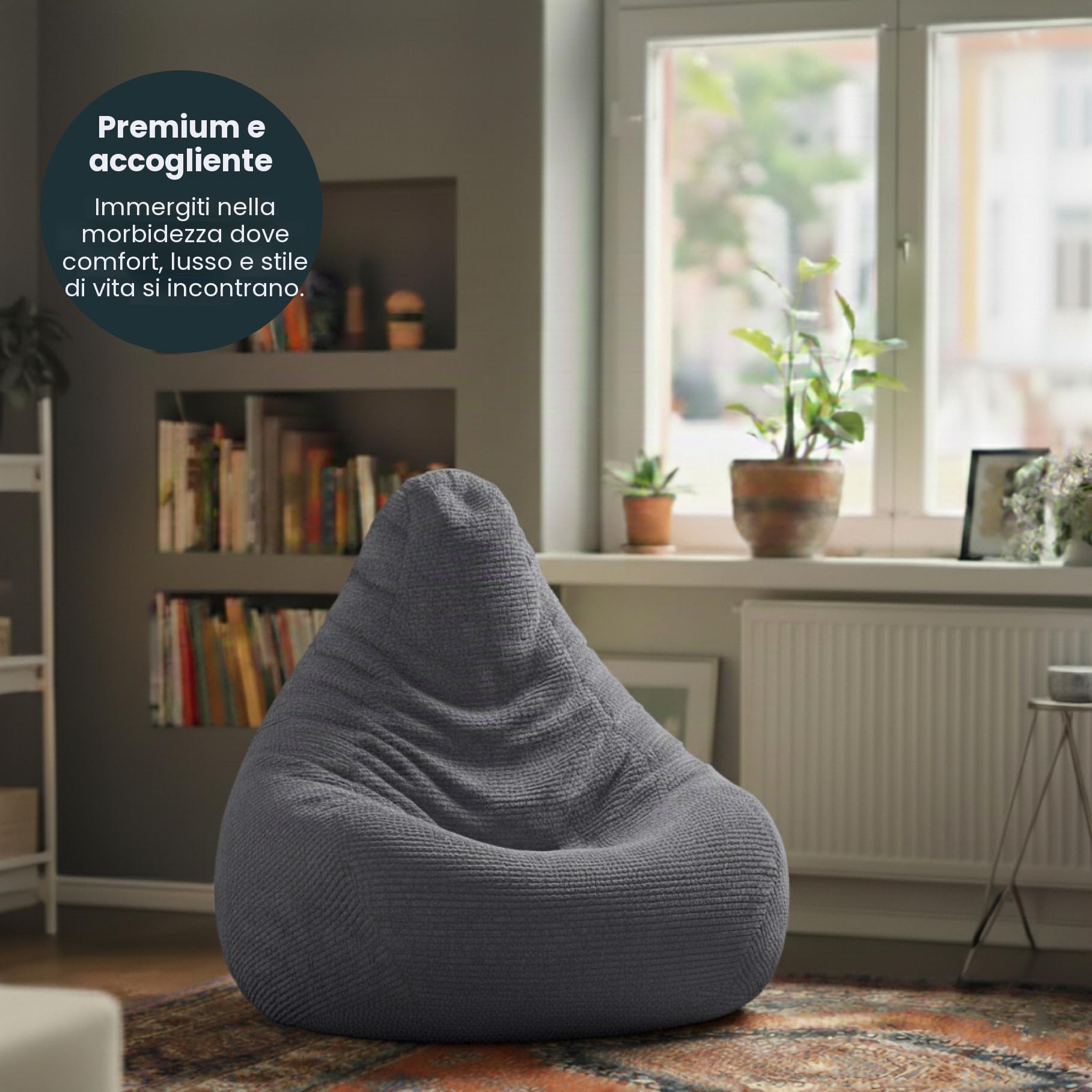 Loft 25 Poltrona a sacco per adulti, con schienale alto, in tessuto di velluto a coste, per interni, soggiorno, gioco, fodera interna, design ergonomico per il supporto del corpo (pouf, carbone)