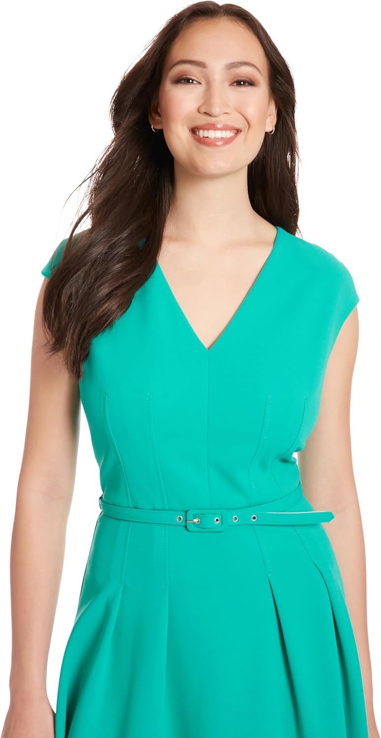 London Times Women's V-Neck Knee Length Fit and Flare Dress with Belt | Business Casual Dress for Women