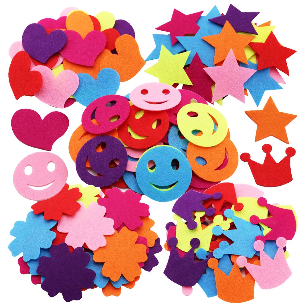 SOOKOO 5 Styles 150 PCS Assorted Color Felt Flowers for Art and Craft DIY Sewing Handcraft (Heart, Flower, Smile Face, Star, Crown)
