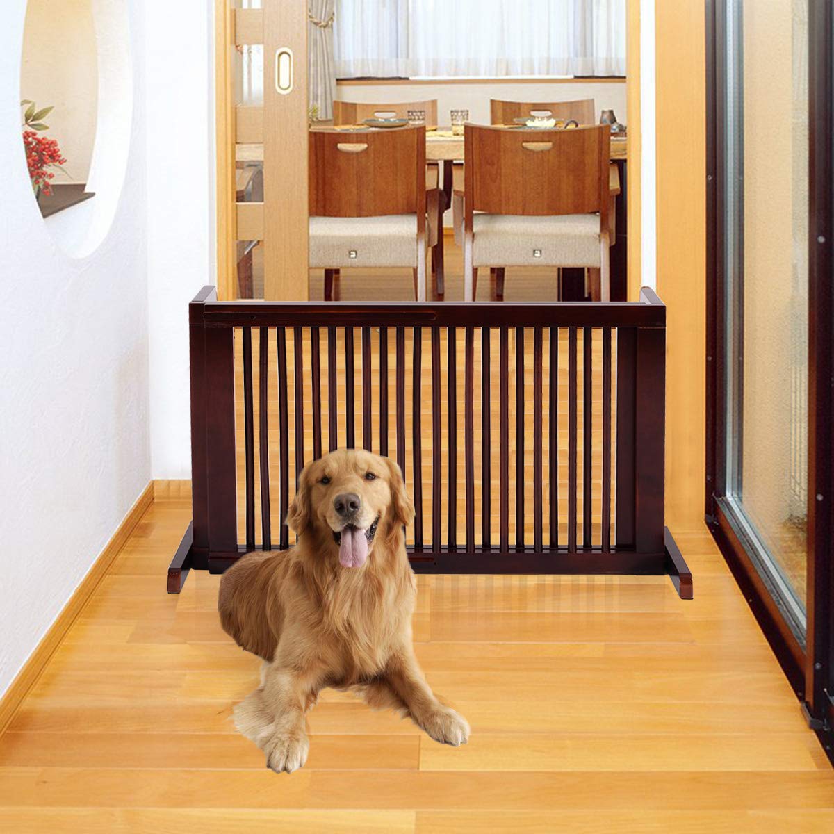 COSTWAY Recinto per Cani da Interno, Cancelletto Regolabile in Legno con Base Larga e 3 Ante, Recinzione per Animali Domesti di Piccola/Media Taglia, 140-203 x 9,5 x 56 cm