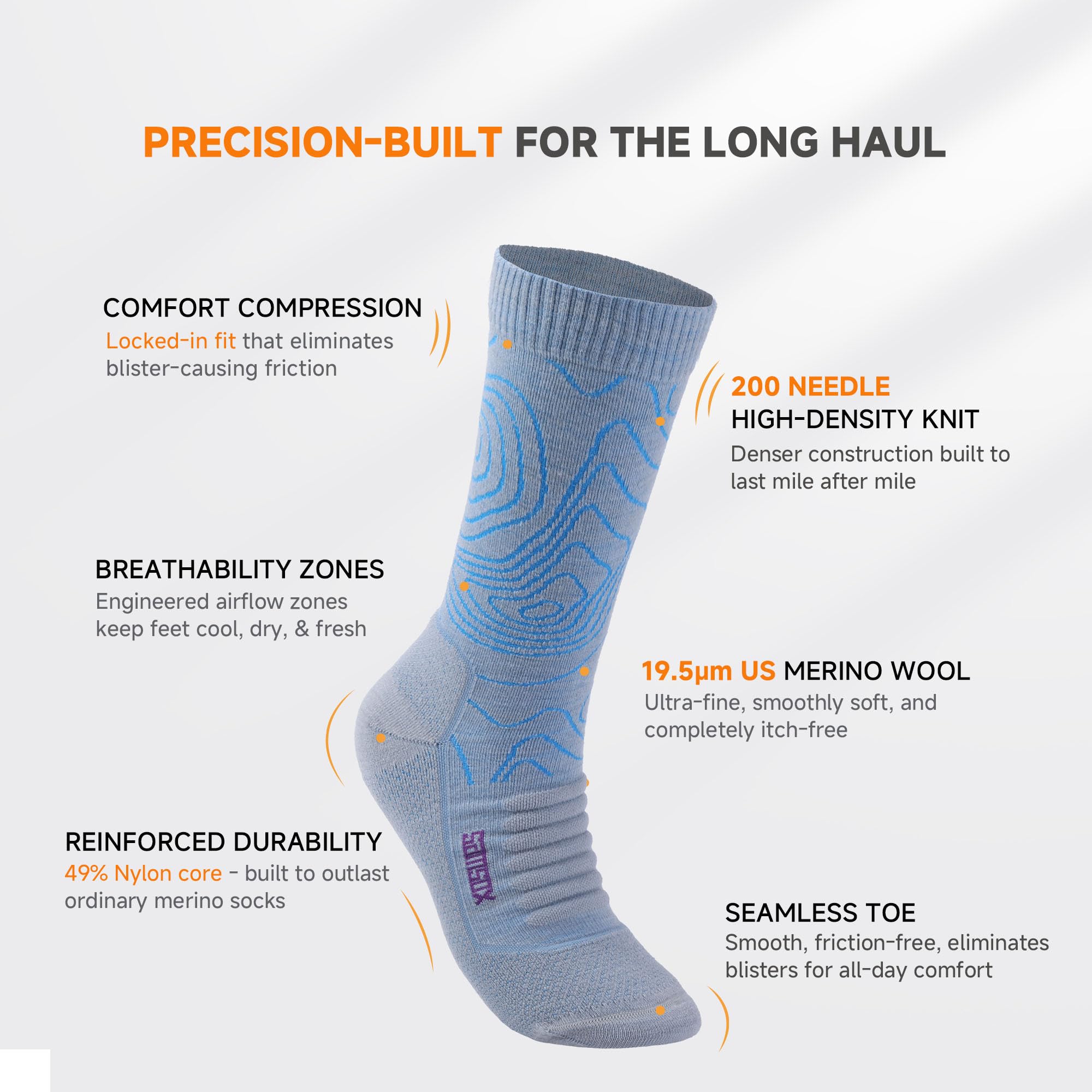SAMSOX 2 Paar Wandersocken aus Merinowolle, hergestellt in den USA, leicht, mit Kissen, Crew-Socken für Herren und Damen (Sierra)