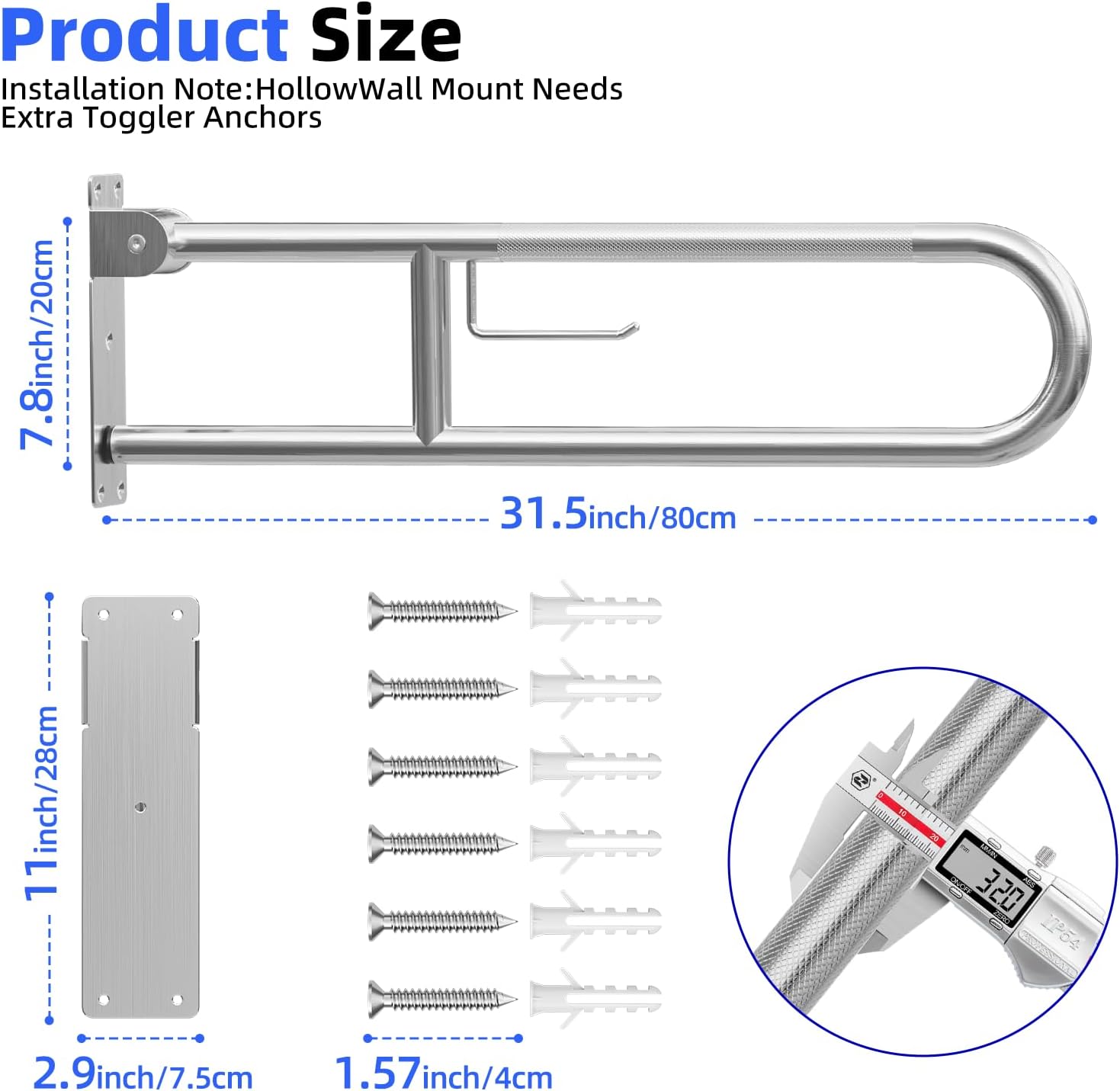SPECILITE 31.5 Inch Bathroom & Shower Grab Bars, 510lb Heavy Duty Stainless Steel Foldable Anti-Slip & Waterproof Toilet Safety Rails with Paper Holder for Seniors, Elderly, Disabled, Pregnant