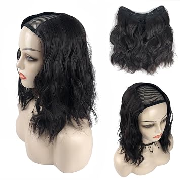 Invisible One Piece Clip in Hair Extension V-Shape 3/4 Half Wig 35cm Cloud Wavy Hairpiece 2# Jet Black