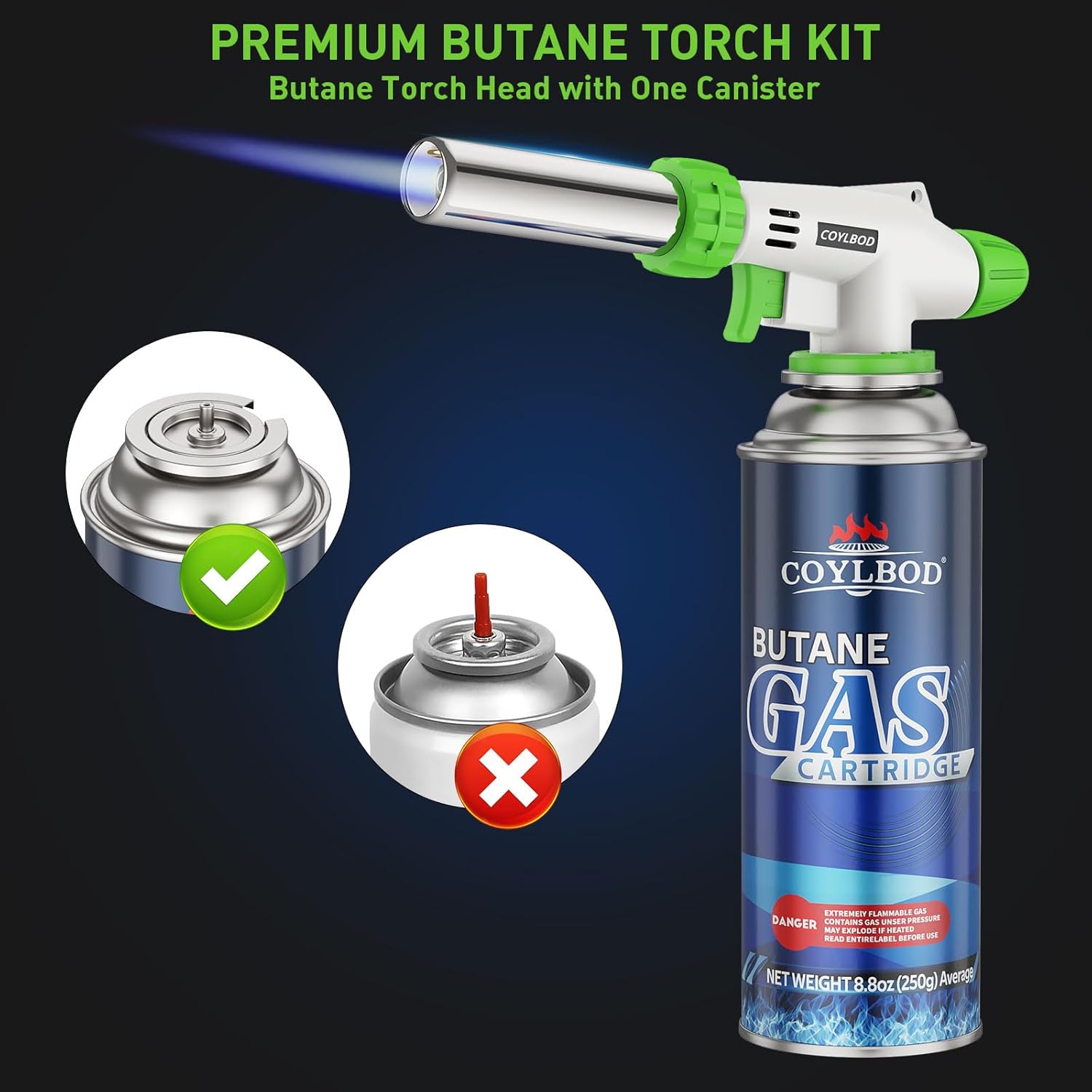 Diagram showing correct and incorrect butane canister types for the CoYlBod Butane Torch Lighter.