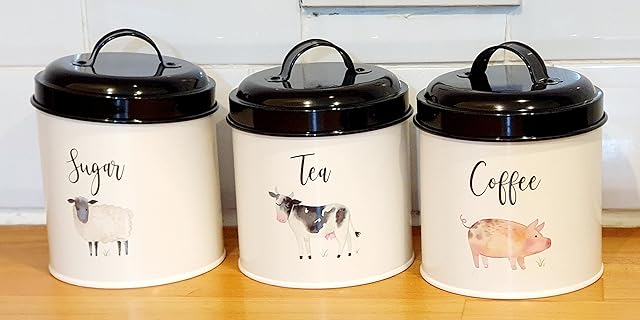 WiseAccordio Set of 3 Cream The Farm Carbon Steel Canisters Tea Coffee Sugar Jars| Kitchen Storage Jar Set