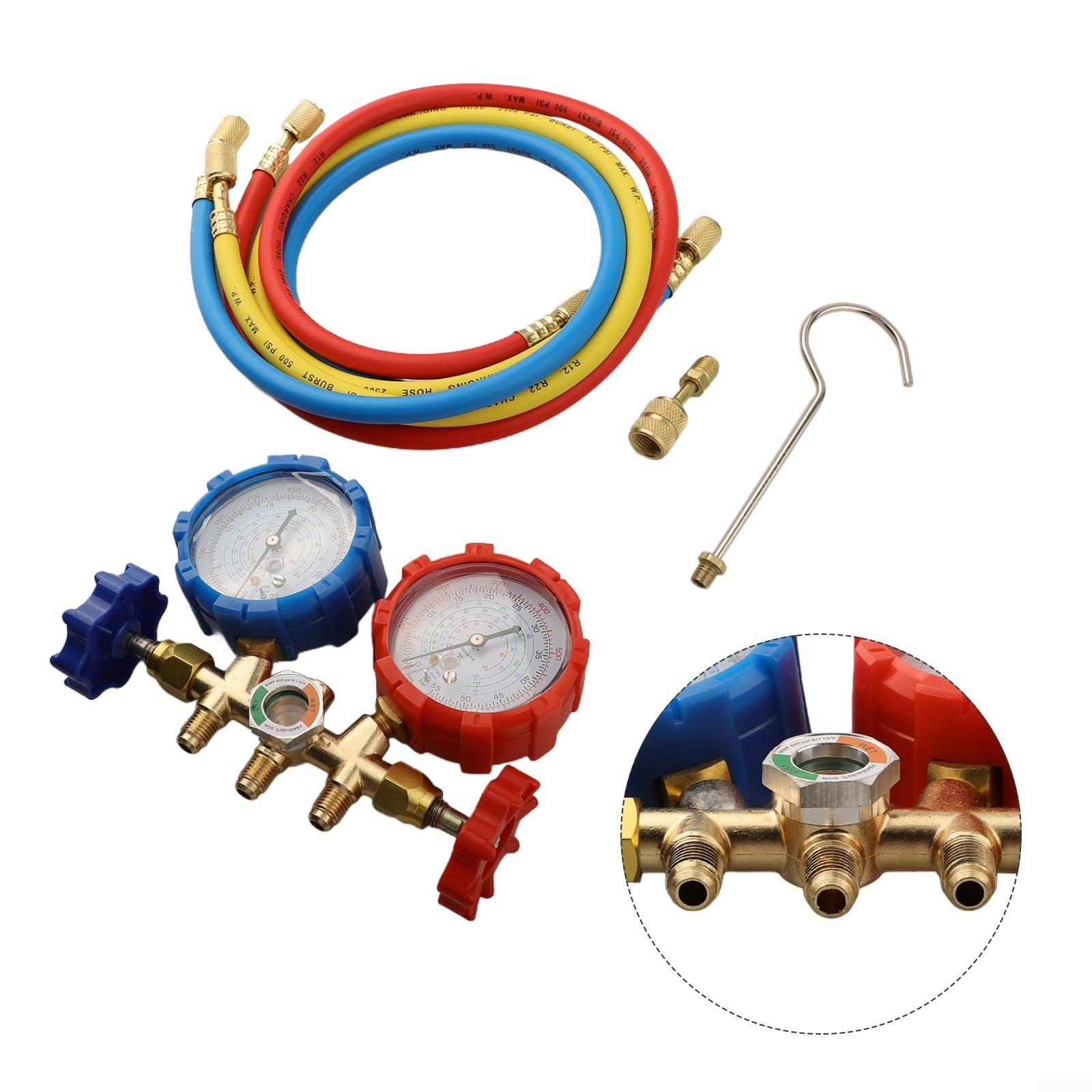 Manifold - Set di misuratori per aria condizionata R410A R32 R404A per refrigerante R134A pressione test diagnostici con 3 tubi e accessori (B)