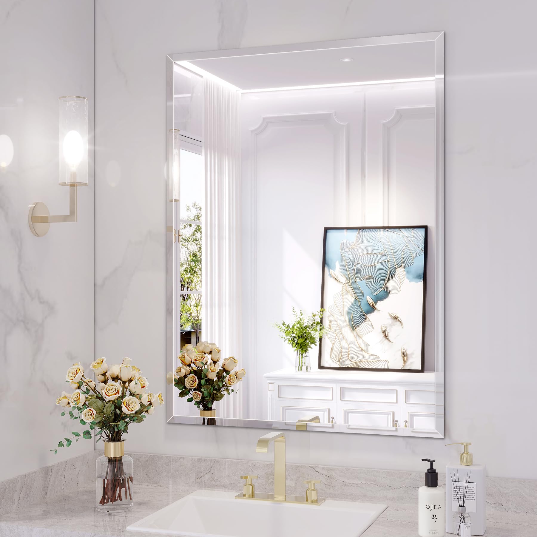 Frameless Bathroom Mirror for Wall, 24"x32" Beveled Bathroom Vanity Mirror, Modern Rectangle Bathroom Mirrors for Bedroom, Entryway, Living Room,