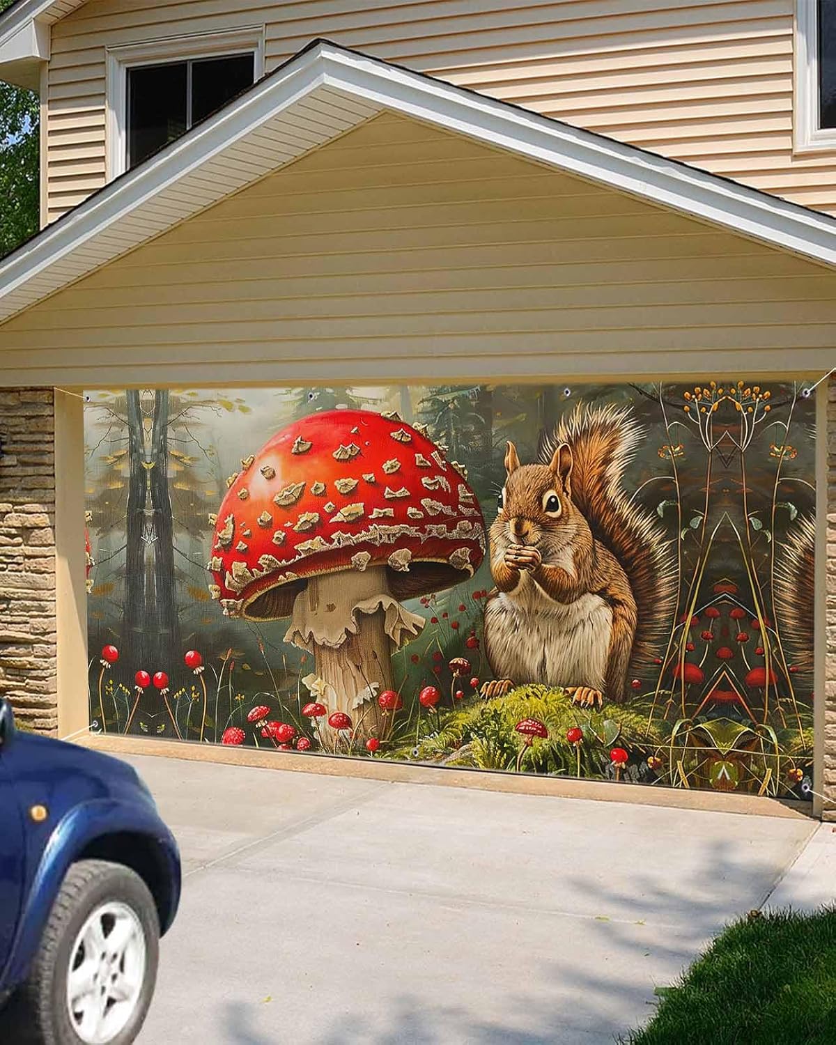 Fall Harvest Forests Mushrooms Garage Door Decorations, Large Hanging Garage Door Cover Banner with Grommets, Thanksgiving Squirrels Backdrop Door Mural for Indoor Outdoor Party Wall Yard, 7x8ft