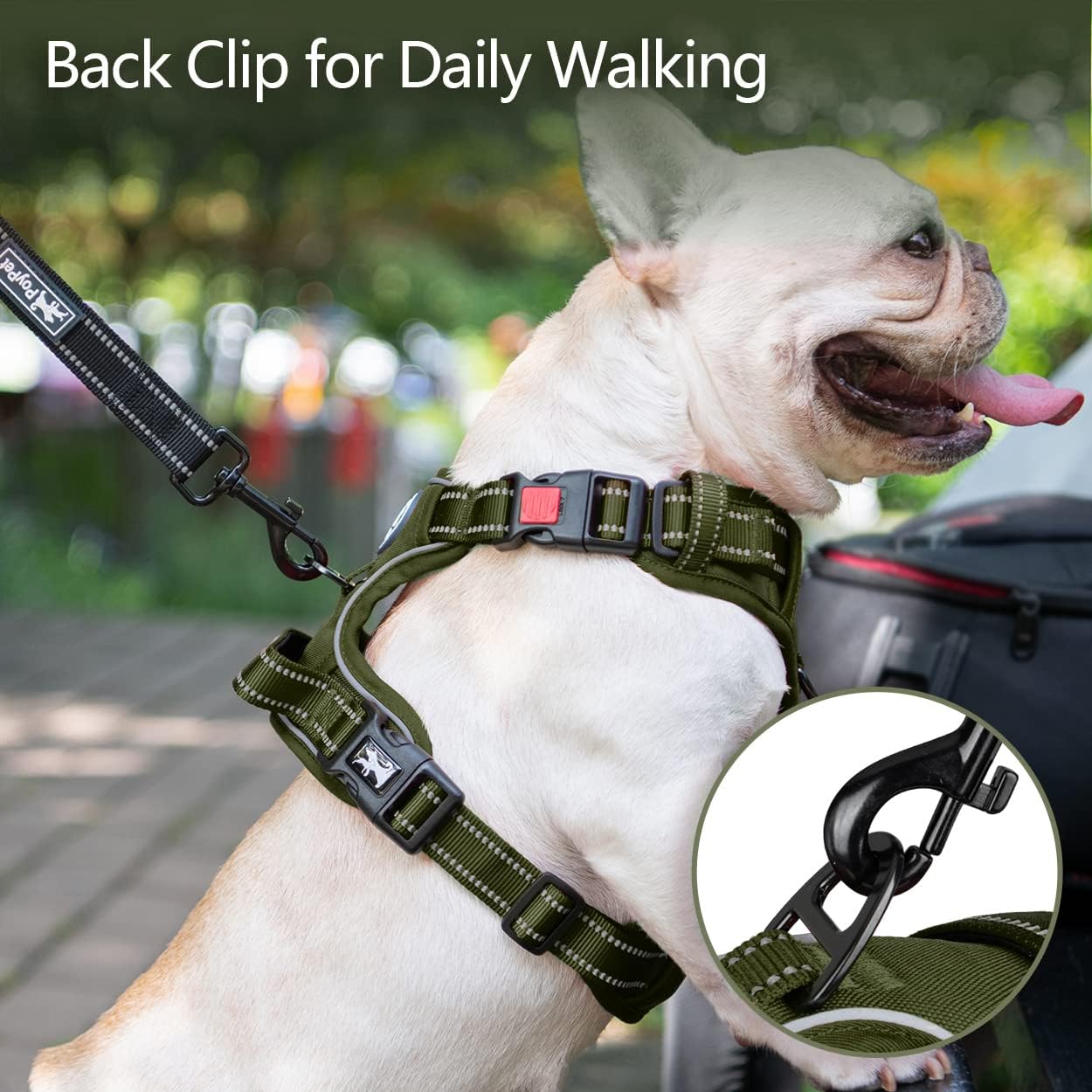 PoyPet No Pull Dog Harness, No Choke Reflective Dog Vest, Adjustable Pet Harnesses with 2 Leash Attachments with Easy Control Padded Handle for Small Medium Large Dogs(Military Green,XL)