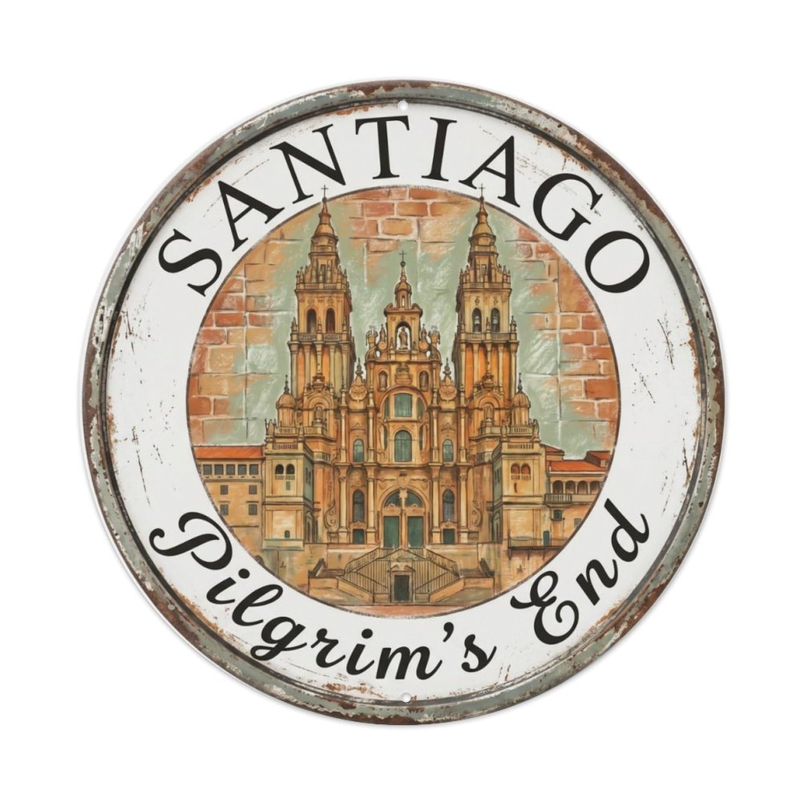 Vintage Travel Santiago Spain Cathedral Metal Tin Sign Plaque Wall Decor for Cafe, Club Bar, Office, Home Garden Round Metal Poster 8x8Inch