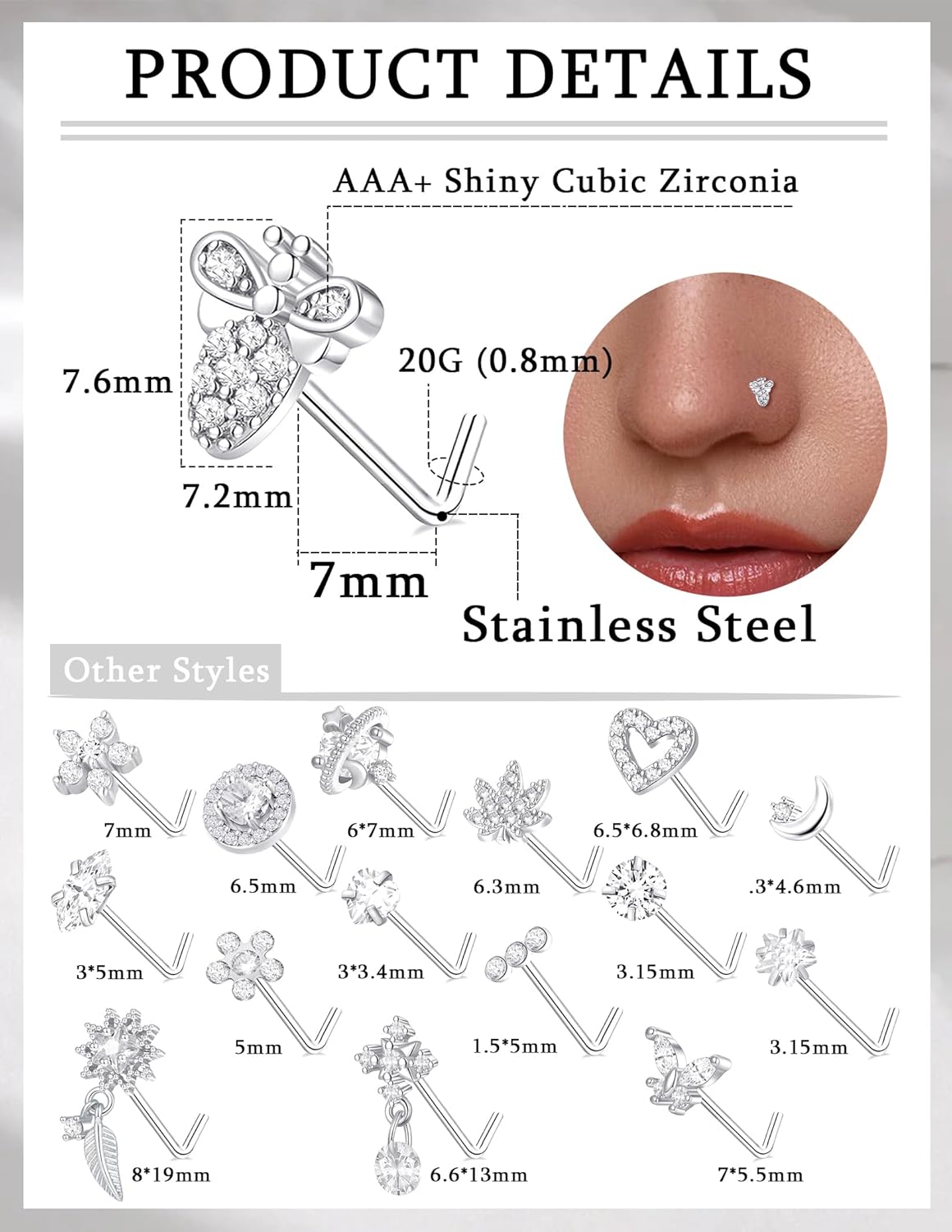 16Pcs 20G Nose Rings Studs Stainless Steel L Shaped Nose Stud CZ Butterfly Planet Star Leaf Bee Moon Heart Flower Dangle Piercing Jewelry for Women Men Pink/White/Blue/Clear - Image 2