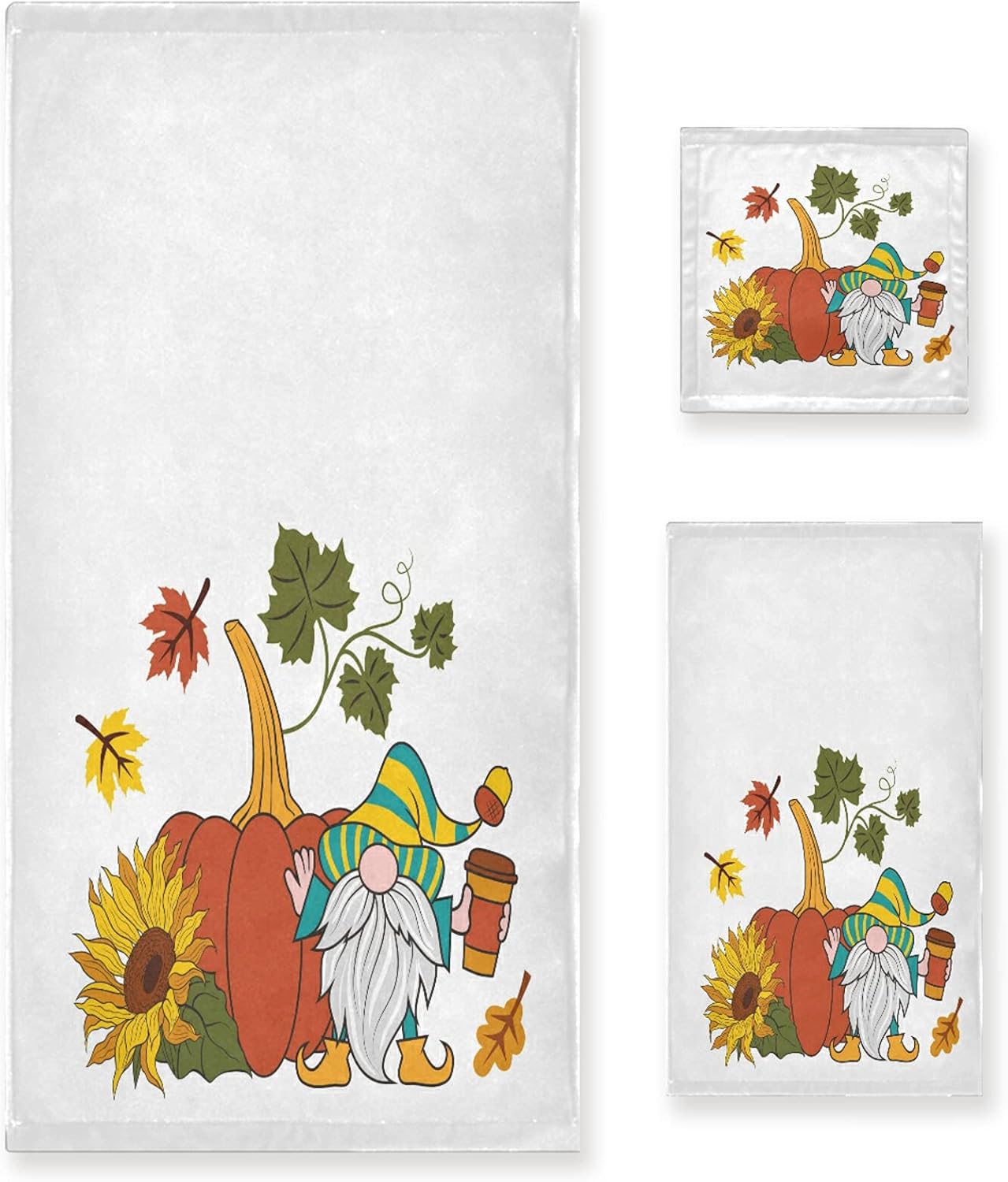 Pumpkin Sunflower Autumn Leaves and Gnome Bath Towel Set Luxury Decorative Set of 3, 1 Bath Towel 1 Hand Towel 1 Washcloth Soft Multipurpose for for Bathroom Hotel Gym Yoga Spa