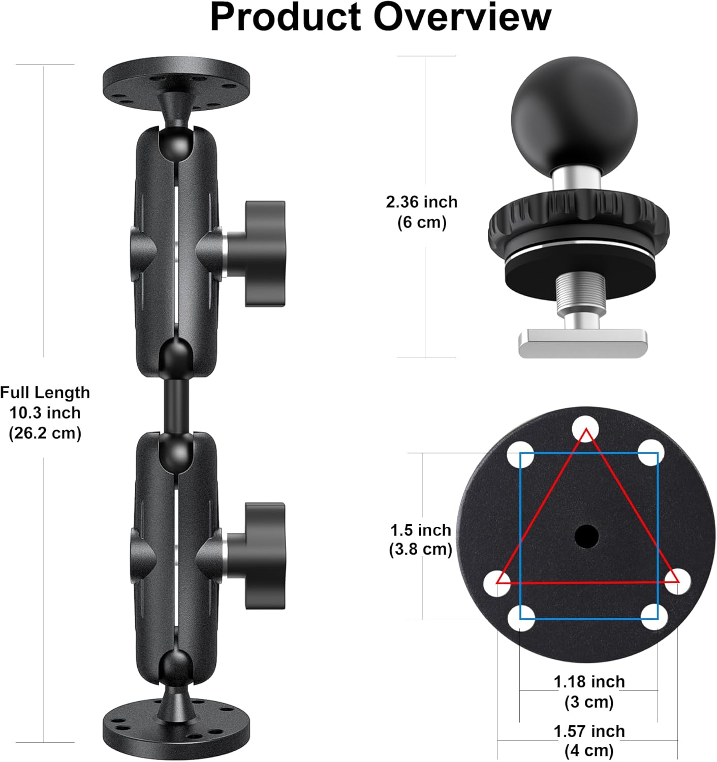 Kewirya Fish Finder & Ball Mount with Aluminum Long Arm Extension, AMPS Round Plate for GPS/Boats/Vehicle, T-Bolt Attachment for Track Systems & Backup Cameras, B Compatible with RAM
