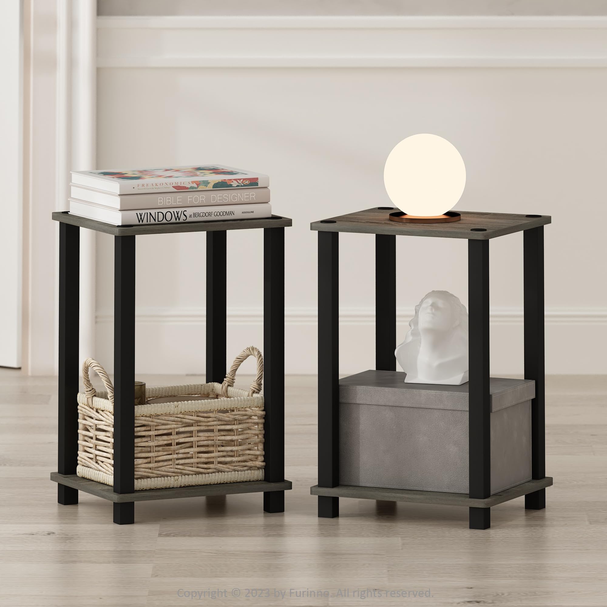 Furinno SIMPLISTIC Night Stand Set of 2, 2-Tier Small Nightstand with Open Shelf, Toolless Assembly Bedside Table, End Table, Side Table, for Bedroom, Living Room, French Oak