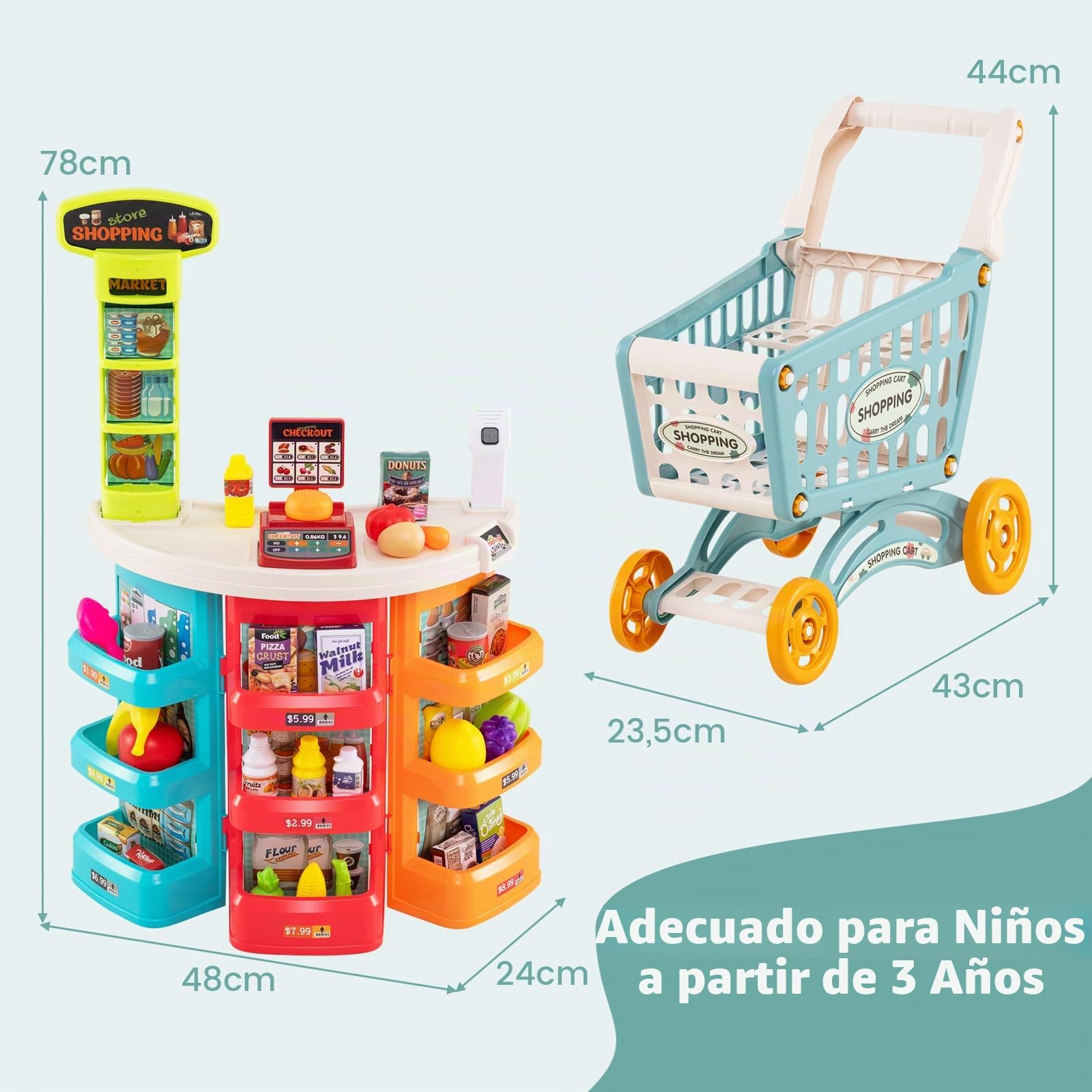 RELAX4LIFE Supermercado Juguete Infantil con Luz, Sonido, Carrito Compra, Cesta y 29 Accesorios, Caja Registradora Juguetes con Escáner, Supermercado de Madera para Niños de 3+ Años (Multicolor)