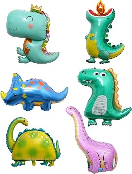 Giant 3D Dino Balloons,6 Pcs Self Standing Cute Foil Mylar Helium Balloons for Jurassic Jungle Safari Birthday Decor Supplies