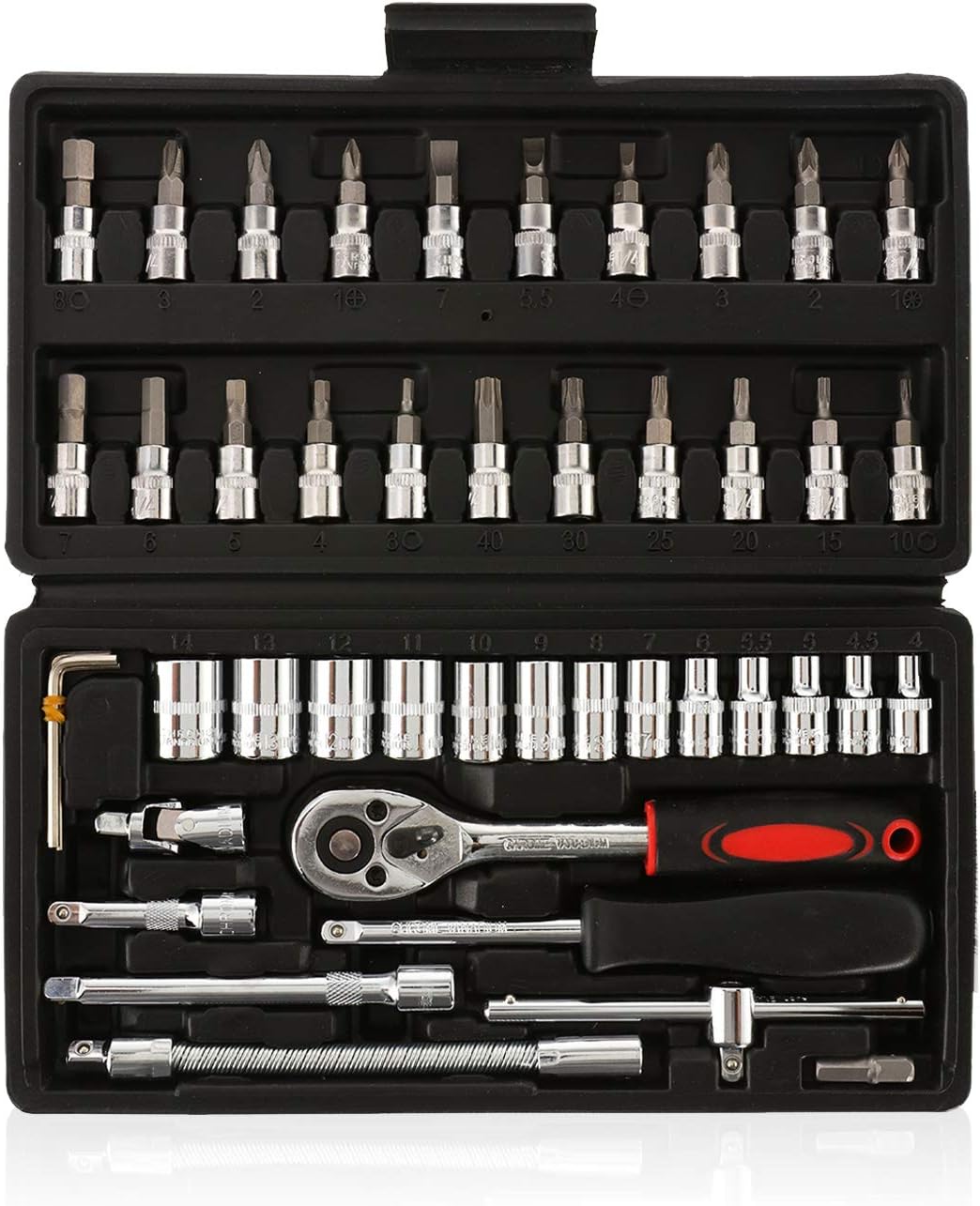 46-Piece 1/4" Drive Socket Wrench Set with Extension Bars, Flexible Rods, Quick Release Reversible Ratchet - Metric Tool Kit for Car Maintenance, DIY and Repairs