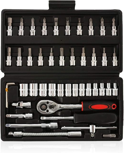 TOPAUP 46-Piece 1/4" Drive Socket Wrench Set with Extension Bars, Flexible Rods, Quick Release Reversible Ratchet - Metric Tool Kit for Car Maintenance, DIY and Repairs