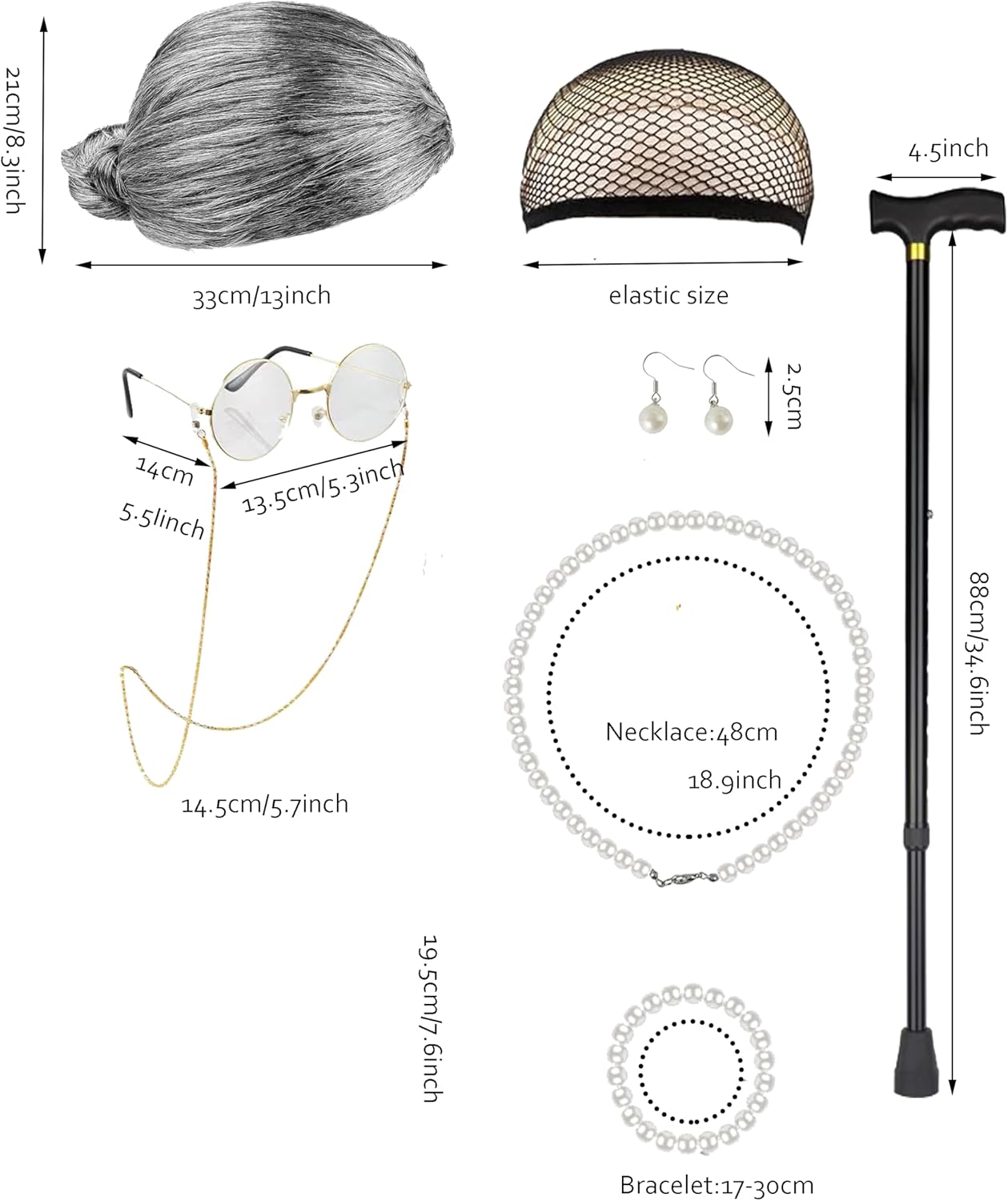 9PC Women Adult Old Lady Costume adult 100 Days of School Granny Grandma Wig Nightgown Dress Set - Image 2