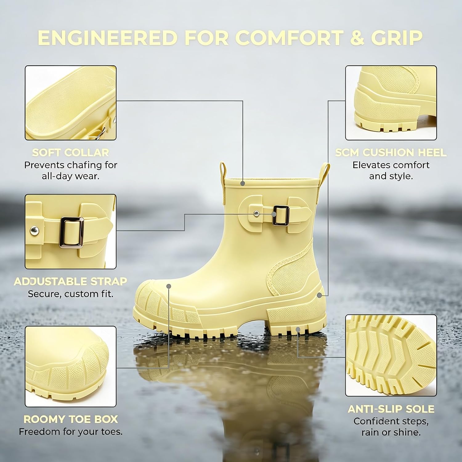Women'S Pvc Waterproof Mid Calf Rain Boots Pull On Platform Rubber Wide Width Garden Short Rain Booties With Buckle Decor Outdoor Non-Slip Lug Sole Rain Shoes For Muddy Walking Yard Work