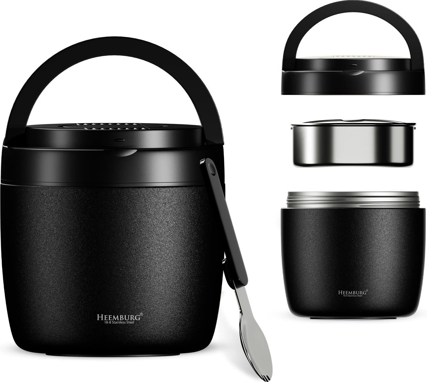 Heemburg Thermal Food Flask Jar Lunch Box Stainless Steel Insulated Double Wall Thermo Container for Meals, Soup or Fruit, for Office and Outdoors (Black)