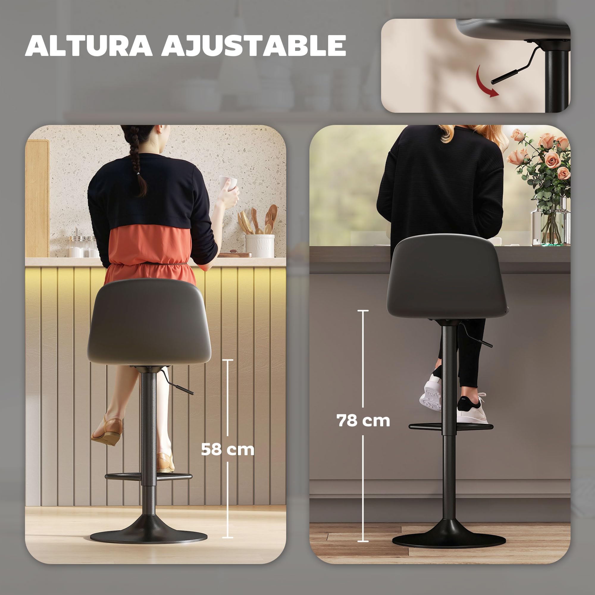 HOMCOM Juego de 2 Taburetes de Bar Taburetes Altos de Cocina Regulable en Altura 84-104 cm con Respaldo y Reposapiés Tapizado en PU Giratorio en 360° para Comedor Mostrador Negro