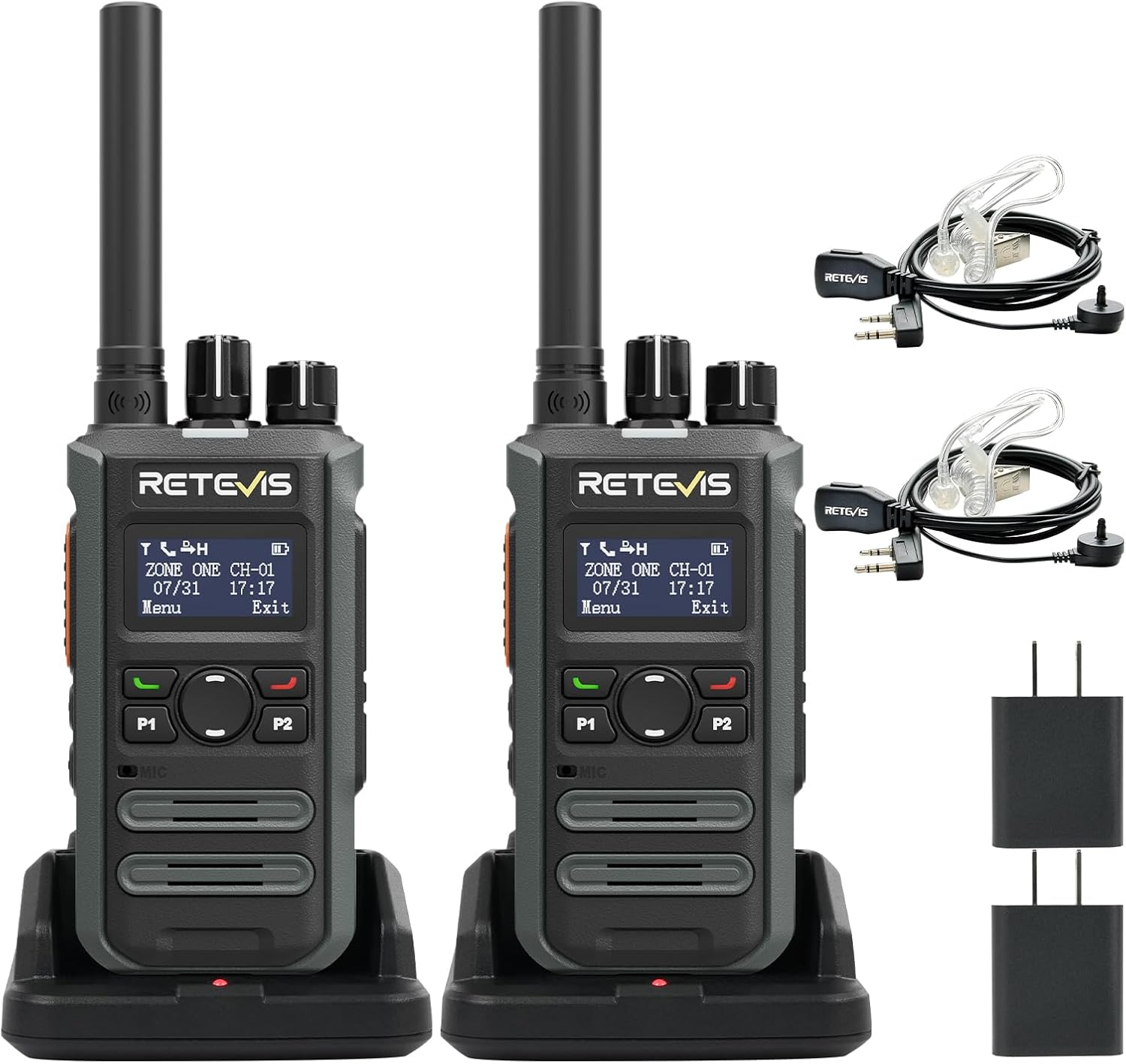 Retevis MateTalk P3 Digital Walkie Talkies with Earpice, Fast Charge,Compatible with Motorola Radio,Long Range 2 Way Radio with SMS, LCD Screen, Professional Radio for Hotel(2 Pack)